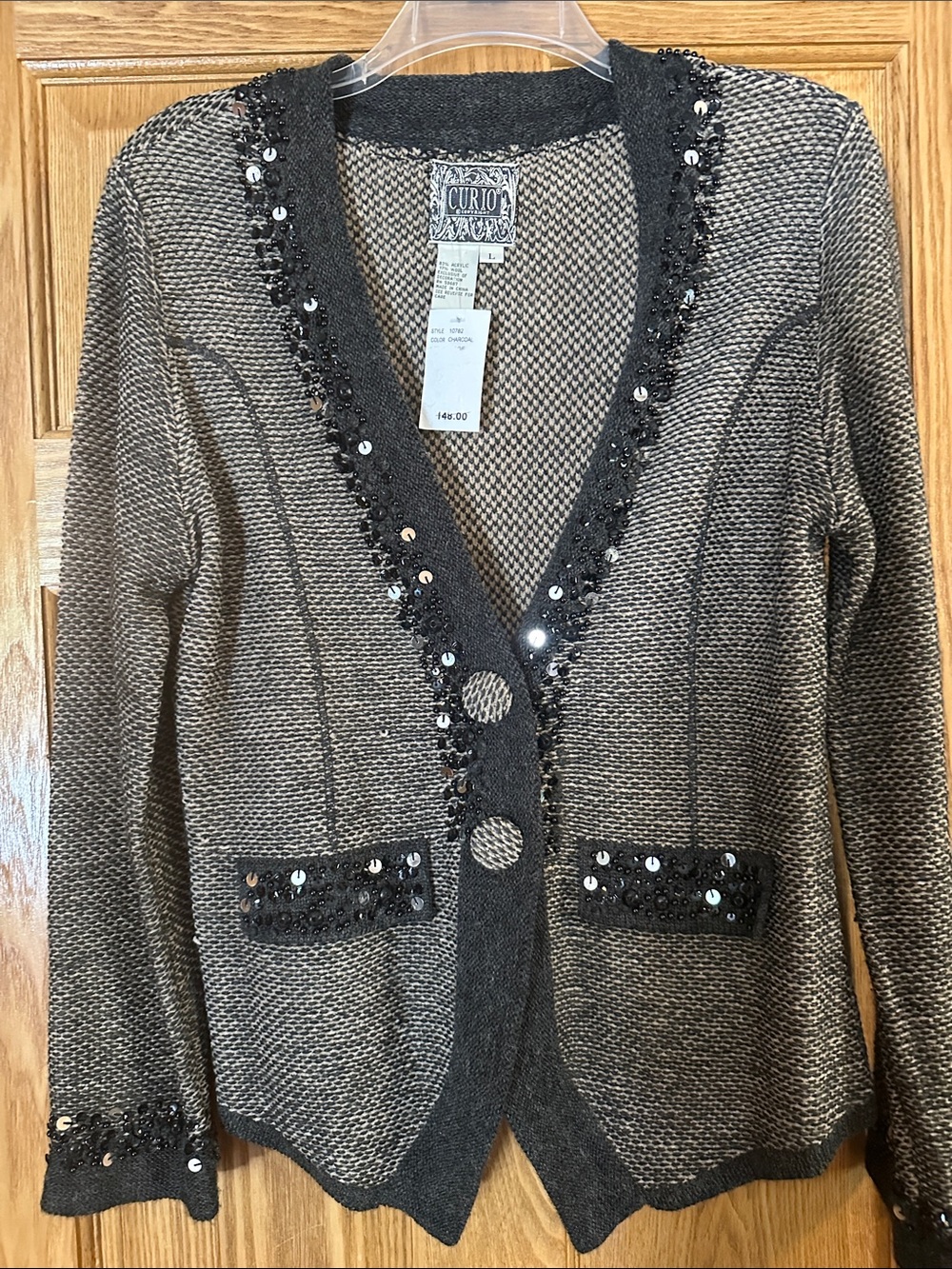 Curio Sequin-Trim Charcoal & Cream Knit Cardigan